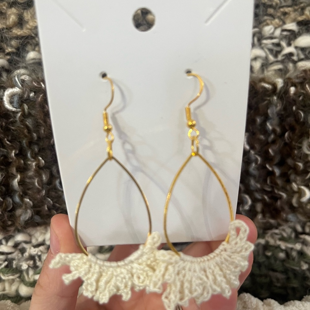 Elegant Gold and Off White Crochet Dangle Earrings